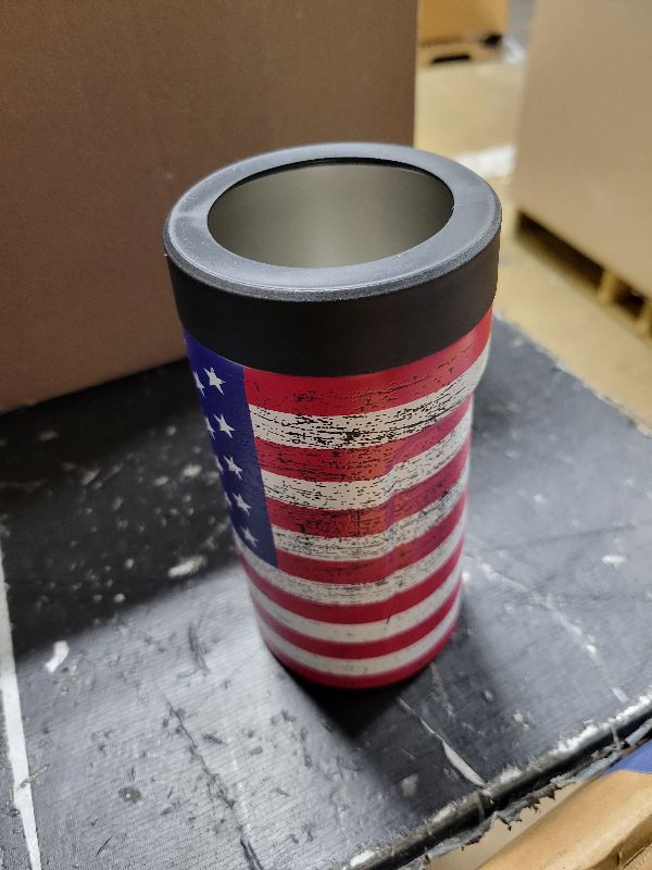 Photo 1 of 3 In 1 Insulated Universal Can Cooler - Signice Double Walled Vacuum Insulator Stainless Steel Slim Can Cooler for 12 Oz Skinny Tall Standard Regular Can Beer Bottle (Flag)