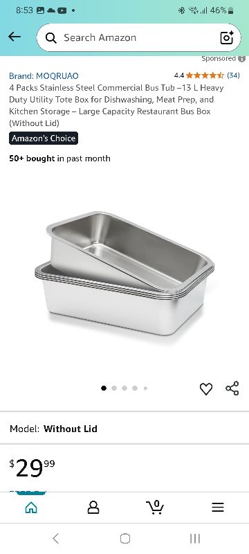 Photo 1 of 3 Packs Stainless Steel Commercial Bus Tub –13 L Heavy Duty Utility Tote Box for Dishwashing, Meat Prep, and Kitchen Storage – Large Capacity Restaurant Bus Box (Without Lid)