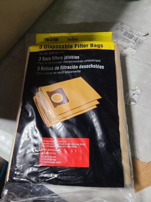 Photo 1 of 3 Pack STANLEY Filter Bag 19-3100, for 5-8 Gallon Wet/Dry Vacuum, Compatible with STANLEY SL18115 SL18115P SL18116 SL18116P SL18117 SL18701P-10A SL18410P-5A SL18410-5B and Porter-Cable PCX18406-5B