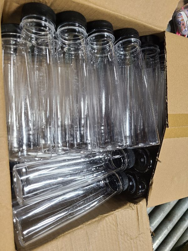 Photo 1 of 48 Pack Empty PET Plastic Juice Bottles 8 OZ Clear Disposable Bulk Plastic Bottles for Liquids with Black Tamper Evident Caps (8 OZ, Black)