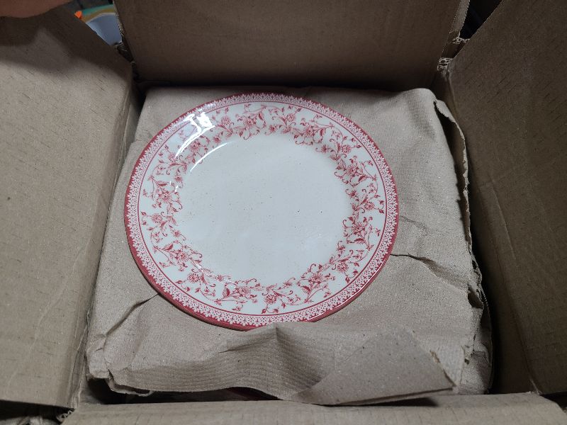 Photo 1 of TUDOR Royal Collection 12-Piece Round Porcelain Dinnerware Set, Service for 4 with Dinner Plates, Bowls, and Salad Plates, Aster Pink Red Floral Design, High Gloss Finish, Durable & Premium Quality