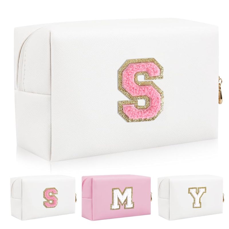 Photo 1 of 
Personalized Initial Letter Patch Makeup Bag, Preppy Portable Chenille Letter Cosmetic Bag with Zipper, PU Leather Waterproof Travel Toiletry Bag Monogram Make Up Pouch for Women Girls(Letter S) 