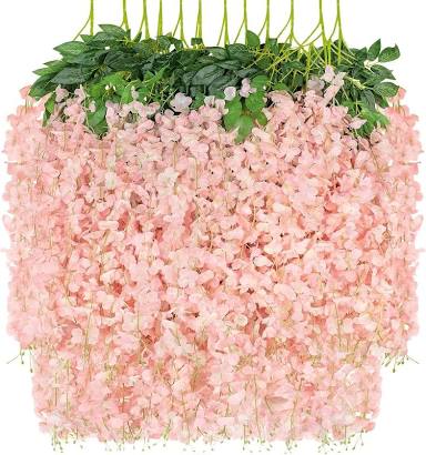 Photo 1 of 12 Pack Artificial Wisteria Hanging Flowers Fake Wisteria Flower Garland Silk Vines Rattan Decor for Home Wedding Arch Wall Garden Greenery Bedroom Outdoor Office Party Decoration (Light Pink