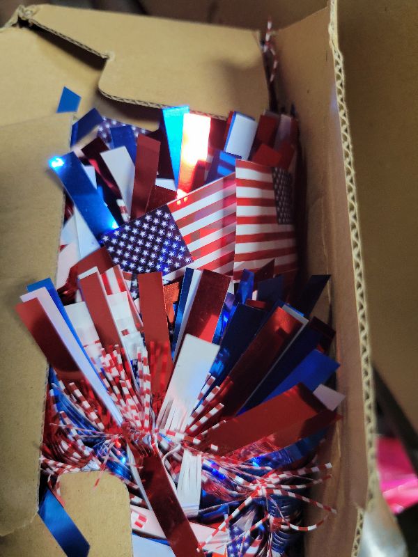 Photo 1 of 3 Pack 50FT 4th of July Patriotic Tinsel Garland Decoration, Red, White and Blue Tinsel with American Flag Glitter Hanging Garland for Memorial Day, Independence Day Indoor and Outdoor Decor