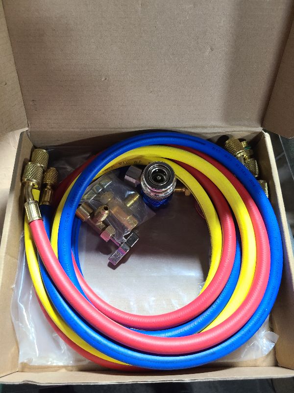 Photo 1 of 3 Pcs AC Manifold Gauge Hose Set with Self Sealing and Puncture Style R134A Can Taps, R134a Adjustable Quick Couplers, Refrigerant Tank Adapters for A/C Refrigerants
