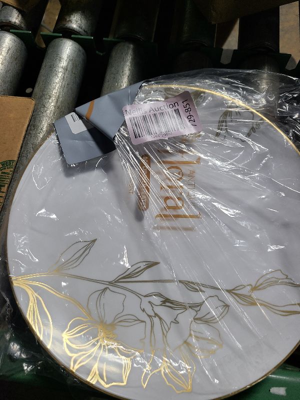 Photo 1 of [10'' Plates 10 Count] White Plastic Floral Design Party Dinner Plates With Gold Rim Premium heavyweight Elegant Disposable Tableware Dishes