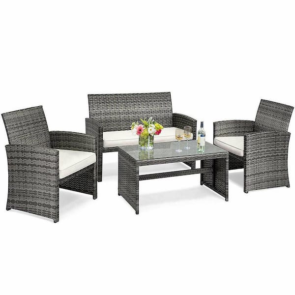 Photo 1 of 4-Piece Rattan Wicker Patio Conversation Set with Beige White Cushions Garden Lawn Furniture
822
