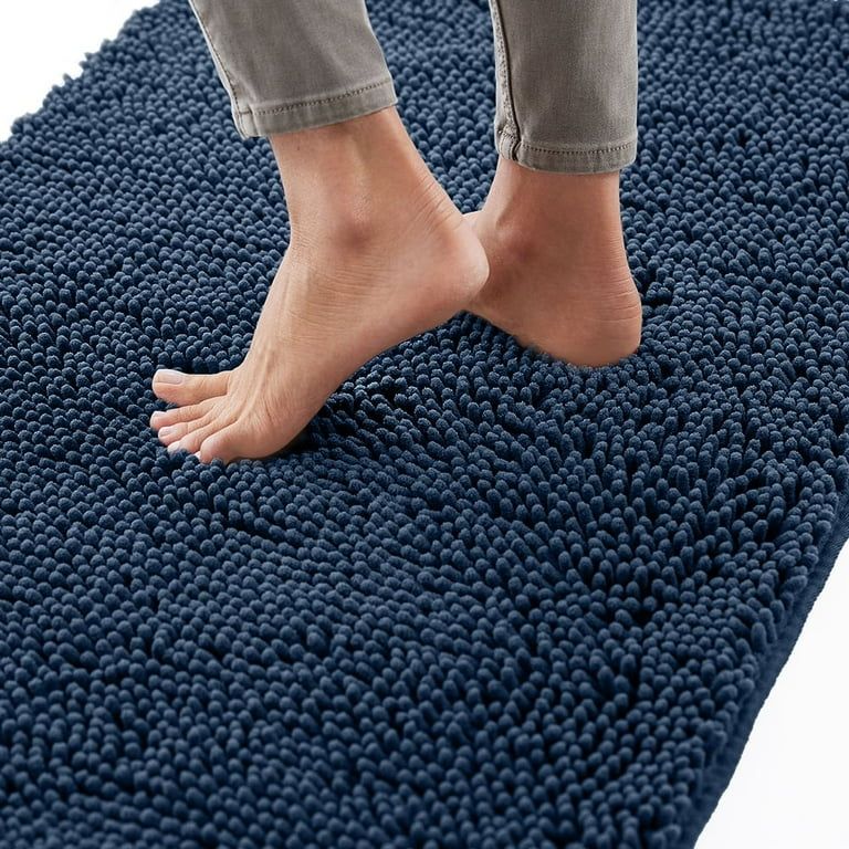 Photo 1 of  Chenille Bath Rug 30x20, Rubber Backing Quick Dry Washable Microfiber Mats, Navy Blue