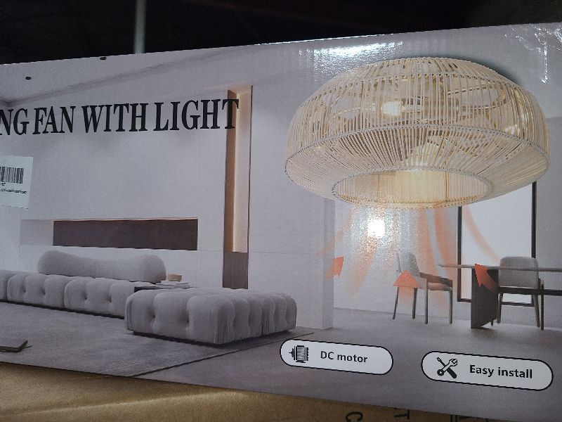 Photo 1 of 20'' Boho Rattan Ceiling Fan with Light, Coastal Caged Ceiling Fans with Lights and Remote Control, Enclosed Hidden Flush Mount with Reversible 6 Speeds for Living Room Bedroom Nursery