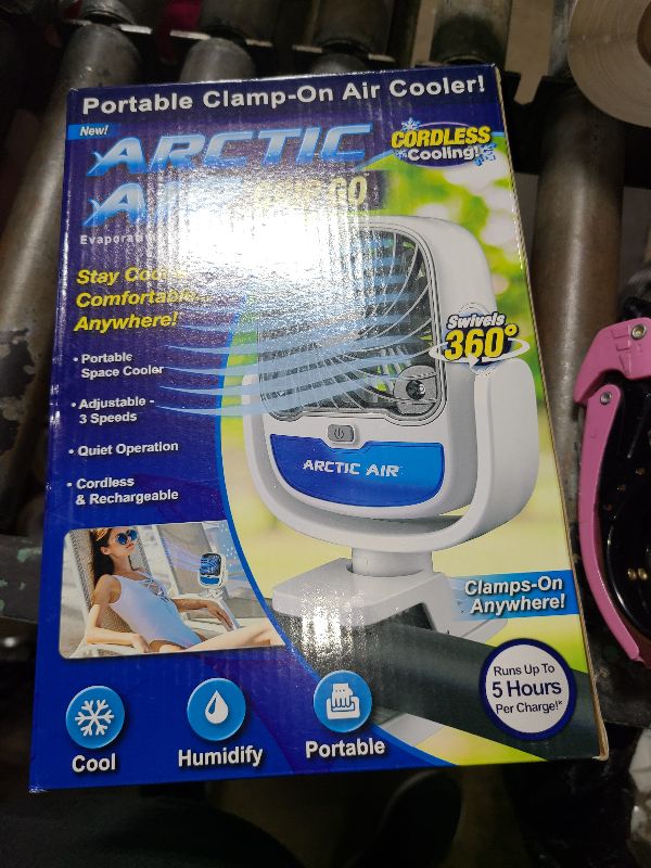 Photo 1 of Arctic Air Grip Go Evaporative Cooler, Cordless & Portable Fan with 3 Speeds, Universal Clamp 360 Degrees Head Swivel, USB Charging, 5-Hour Battery, Personal for Home, Office, Car More, White