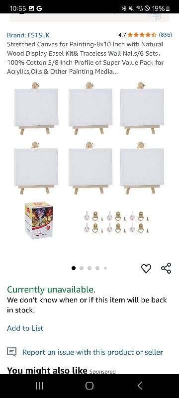 Photo 1 of 
Brand: FSTSLK
4.7
4.7 out of 5 stars
(836)
Stretched Canvas for Painting-8x10 Inch with Natural Wood Display Easel Kit& Traceless Wall Nails/6 Sets?100% Cotton,5/8 Inch Profile of Super Value Pack for Acrylics,Oils & Other Painting Media… 