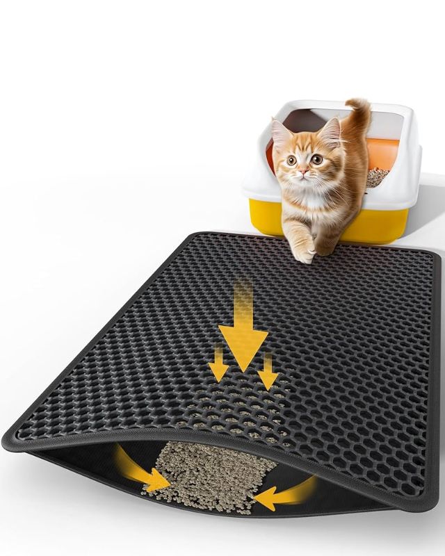Photo 1 of 27" x 19" Cat Litter Mat - Large Litter Box Mat with Double Layers, Urine-Proof and Non-Slip Litter Trapping Mat, Easy to Clean Kitty Litter Mats for Floor, Scatter Control, Black 
