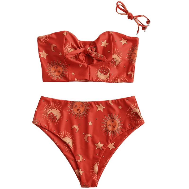 Photo 1 of  ZAFUL Women Ribbed Keyhole Tied High Waisted Bikini Spaghetti Straps Two Pieces Swimsuit Bathing Suit. M
