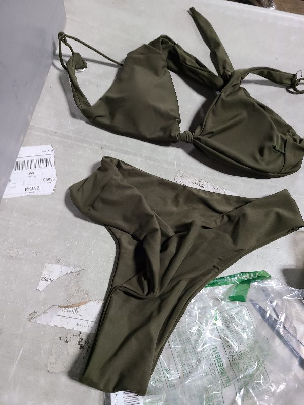 Photo 1 of  Bikini Set for Women Solid V Neck Knot Front Push Up High Leg Thong Two Piece Swimsuit M