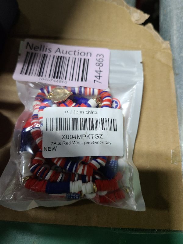 Photo 1 of 7Pcs Red White and Blue Bracelets, 4th of July Accessories USA Flag Charms Surfer Heishi Polymer Preppy Clay Beads Bracelet Set Stackable Elastic Letter Bead Layering Jewelry Gift for Independence Day