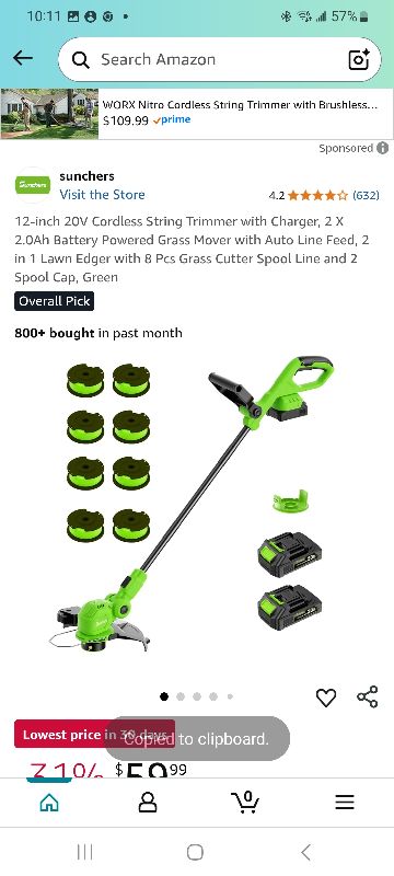 Photo 1 of 12-inch 20V Cordless String Trimmer with Charger, 2 X 2.0Ah Battery Powered Grass Mover with Auto Line Feed, 2 in 1 Lawn Edger with 8 Pcs Grass Cutter Spool Line and 2 Spool Cap, Green