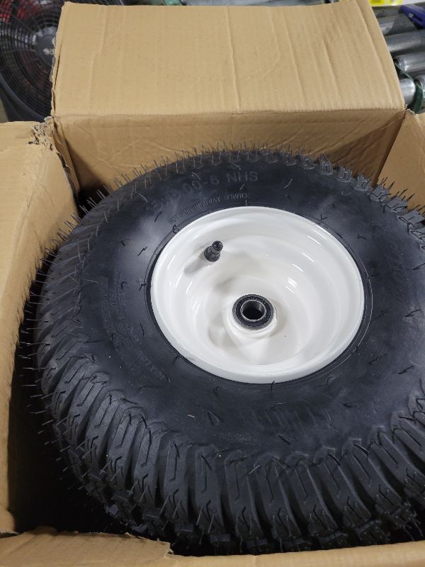 Photo 1 of 2 Pieces 15x6.00-6 Front Lawn Mower Tires & Wheels - NHS Alloy Steel - for Husqvarna Craftsman, John Deere 100 & D100 Series Riding Mowers and Lawn Tractors - 3" Centered Hub, 3/4" Bushings