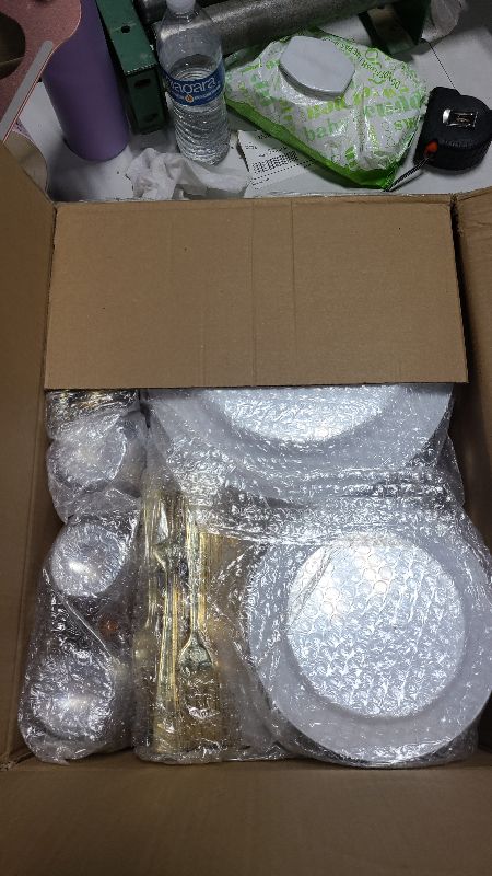 Photo 1 of 600 Pieces Gold Plastic Dinnerware for 100 Guests, Disposable Plastic Plates for Party Wedding Birthday, Includes 100 Dinner Plates, 100 Salad Plates, 100 Spoons, 100 Forks, 100 Knives, 100 Cups
