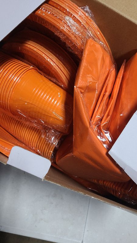 Photo 1 of 484 Pcs Plastic Dinnerware Set Includes 60 Of Each 9" Dinner Plates |7" Dessert Plates|12 oz Plastic Cups | Napkins|Straws|Spoons, Forks & Knives (Orange, 60 Guests)