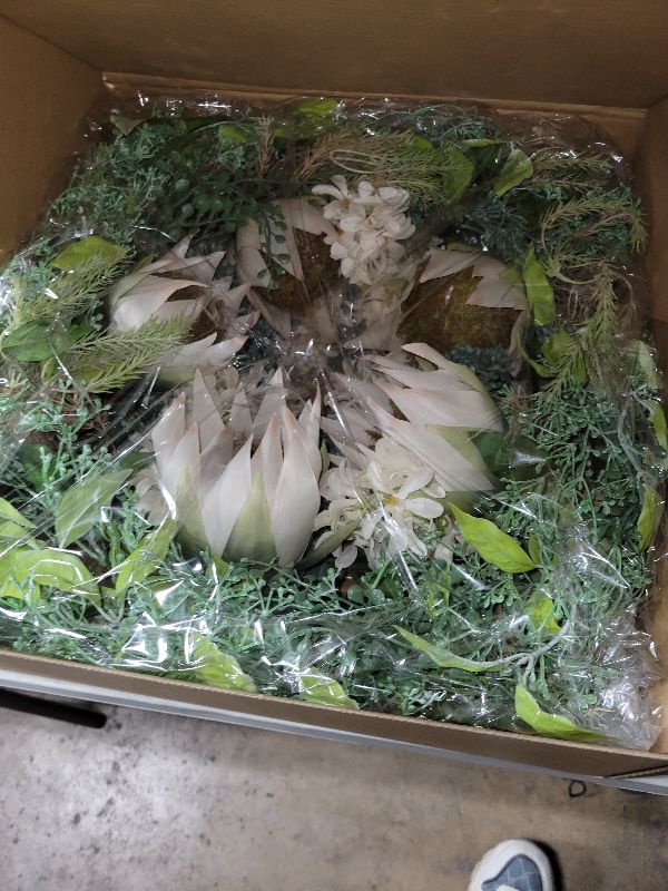 Photo 1 of 24-26 Inch Summer Spring Front Door Wreath, White Silk Flowers Green Leaves Floral Wreaths Decor for Front Door Porch Wall Farmhouse