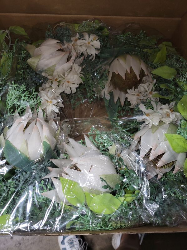 Photo 1 of 24-26 Inch Summer Spring Front Door Wreath, White Silk Flowers Green Leaves Floral Wreaths Decor for Front Door Porch Wall Farmhouse