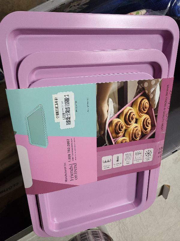 Photo 1 of 3 Pink Baking Sheet set with Cooling Rack Baking Sheet Pans Set, Pink Cookie Sheets for Baking Nonstick with Wire Rack Set of 3 Pink Baking Sheets for Oven, Half/Quarter/Jelly Roll Pan