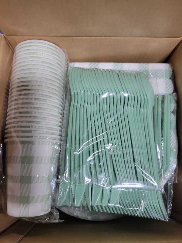 Photo 1 of 168Pcs Gingham Party Supplies for 24 Guests Thick Paper Plates and Napkins Knives Spoons Forks Cups Disposable Party Set Cutlery for Dinner Baby Shower Wedding Favor(Sage Green)