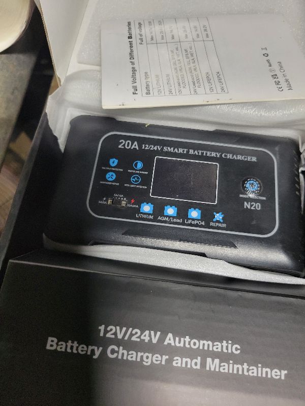 Photo 1 of 20-Amp Lifepo4 Lithium AGM Gel Smart Battery Charger, 12V/20A 24V/10A Trickle Charger, Maintainer for car Boat Motorcycle, Lawn Mower