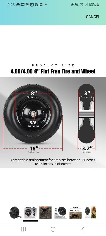 Photo 1 of 4.80/4.00-8" Flat Free Tire and Wheel - 16 Inch Solid Rubber Wheelbarrow Tires with 5/8" and 3/4" Ball Bearings, 3" Centered Hub (Extra Adapter kit includes Bearing, 1" and 1/2" Nylon Spacers)