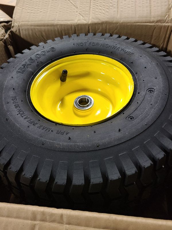 Photo 1 of 2PCS 15x6.00-6 Lawn Mower Tires, 4 Ply Tubeless 15x6-6 Front Tire Assembly Replacement for Craftsman/John Deere/Cub Cadet Riding Mowers,570lbs Capacity,3" Offset Hub,3/4" Bushing