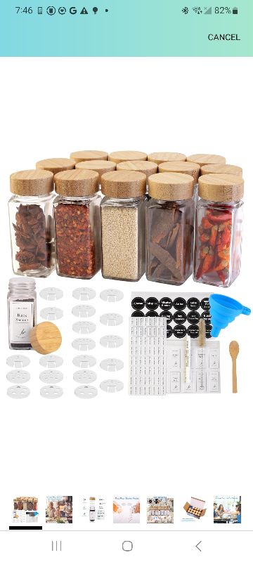 Photo 1 of 15 Glass Spice Jars with Bamboo Airtight Lids and 5 Types of Spice Labels-4oz Empty Square Spice Bottles with Shaker Lids and Silicone Collapsible Funnel,Test Tube Brush,Bamboo Spoons