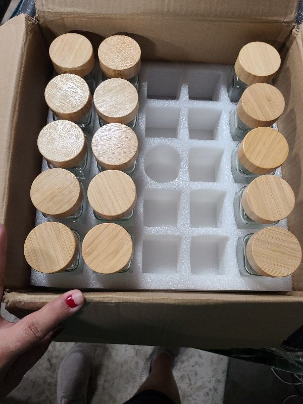 Photo 1 of 15 Glass Spice Jars with Bamboo Airtight Lids and 5 Types of Spice Labels-4oz Empty Square Spice Bottles with Shaker Lids and Silicone Collapsible Funnel,Test Tube Brush,Bamboo Spoons