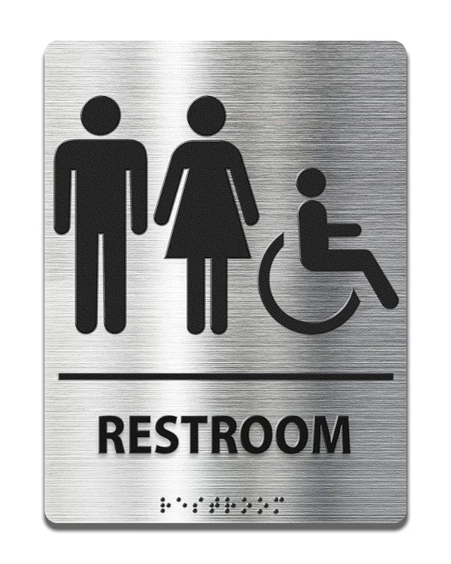 Photo 1 of ADA-Mark Modern Restroom Sign for Business - ADA Compliant Braille Bathroom Sign with Easy Installation - 6" W x 8" H 