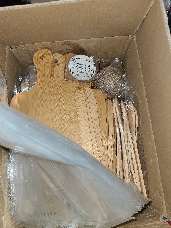 Photo 1 of 12 Sets Baby Shower Prizes for Game Winners Bamboo Cheese Board Spoon Fork Knives Towel Artificial Eucalyptus Stems Thank You Cards and Gift Bags for Baby Shower Wedding and Bridal Shower Favors