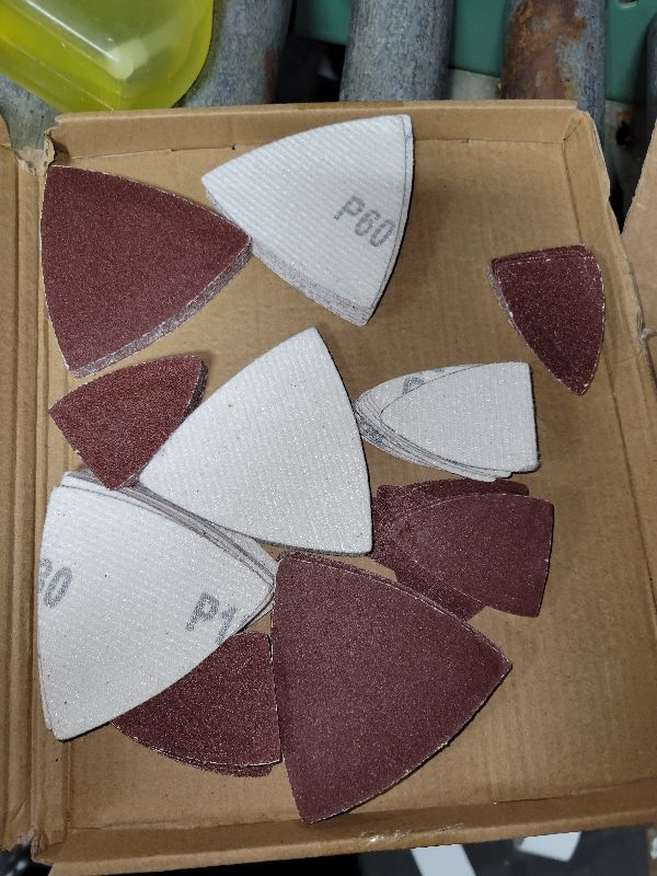Photo 1 of 100 Pcs Mouse Detail Sander Sandpaper, Oscillating Multi Tool Sanding Pads, 3-1/8 inch & 2 Inch Triangular Sanding Sheets Kit, Assorted 60/80/120/180/240 Sanding Pads for Mouse Sander
