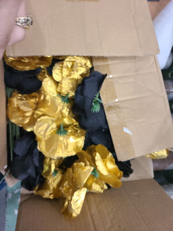 Photo 1 of 108pcs Roses Head Flowers with Stem - Black & Gold Graduation Artificial Flowers Rose Bulk - Silk Rose Fake Flower for Wedding Bouquet Decor DIY Baby Shower Centerpieces Grad Party Tables Decoration