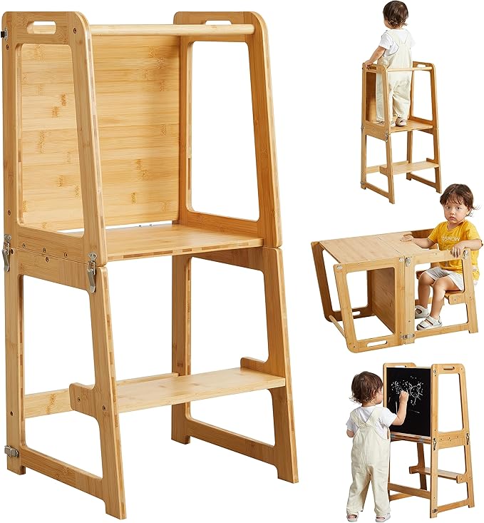 Photo 1 of 4-in-1 Standing Tower for Toddlers and Kids 1-6 Years, Bamboo Kitchen Learning Helper Stool with Chalkboard, Desk Table, and Chair (Natural)