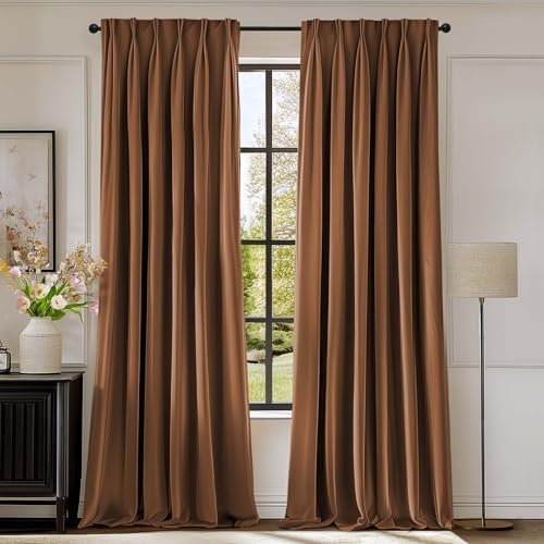 Photo 1 of  Lazzzy Brown Blackout Velvet Curtains 84 Inch Length Pinch Pleated Thermal Insulated Room Darkening Drapes Luxury Back Tab Drapes for Bedroom Living Room 2 Panels, 52 x 84 Inch, Caramel 