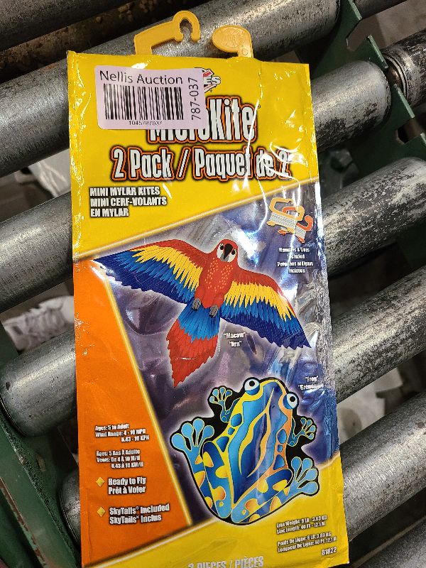 Photo 1 of 2 pack MicroKite Mini Mylar Kites Handles and Lines Included Macaw and Frog