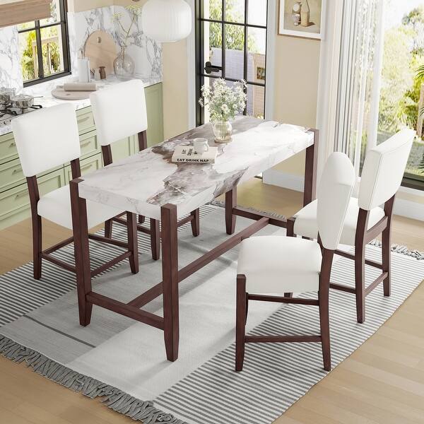 Photo 1 of 5 Piece Faux Marble Dining Table Set with 4 Upholstered Chairs - Beige