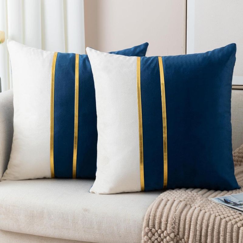Photo 1 of  ZLINA Set of 2 Velvet Decorative Throw Pillow Covers Navy Blue White Patchwork with Gold Leather Pillow Covers 18 × 18 Inch Cushion Covers Decor Living Room Sofa Bedroom Car 
