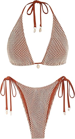 Photo 1 of  ZAFUL Women's Triangle Bikini Multiway Fishnet Tie Side Bandeau Halter String Bikini Set Two Piece Swimsuit Bathing Suits, MEDIUM 