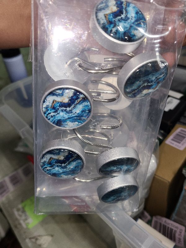 Photo 1 of 12 Pcs Decorative Shower Curtain Hooks, Rust Proof Glass Surface Stainless Steel Rings for Bathroom Bedroom Kitchen Home Bath Room Rods Decor (Light Blue Marble Texture)