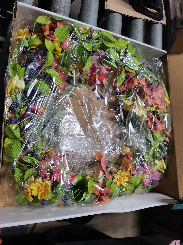 Photo 1 of 20 inch Spring Summer Wreaths for Front Door Floral Wreath with Colorful Wildflowers,Eucalyptus Leaves,Olive Leaves,Small Berries for Indoor Outdoor Farmhouse Home Wall Window Festival Decoration