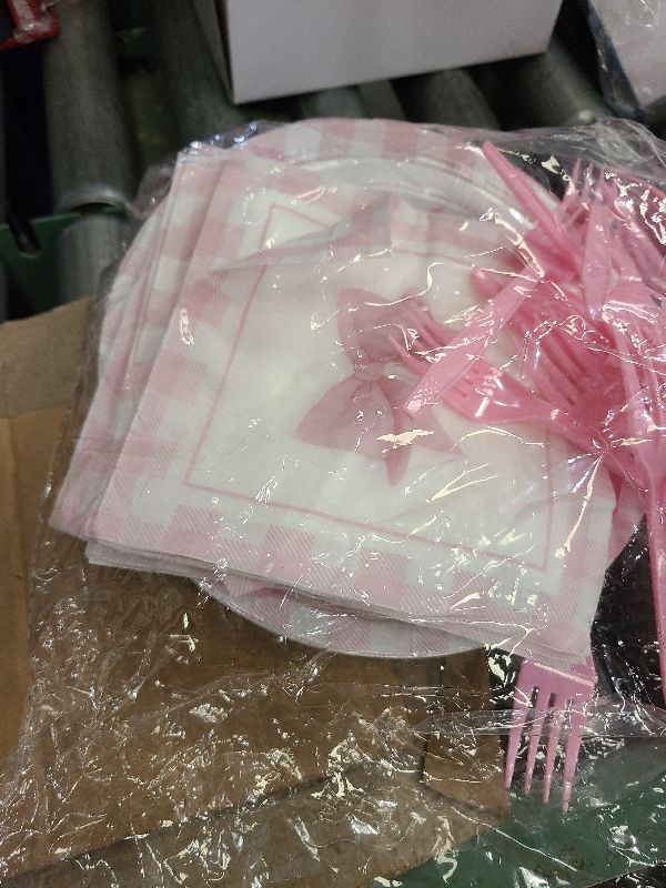 Photo 1 of 200Pcs Pink Bow Birthday Party Plates Supplies,Conquette Birthday Party Paper Plates,Napkins,and Forks Kit for Girl Bachelorette Bridal Engagement Decoration,Serves 50