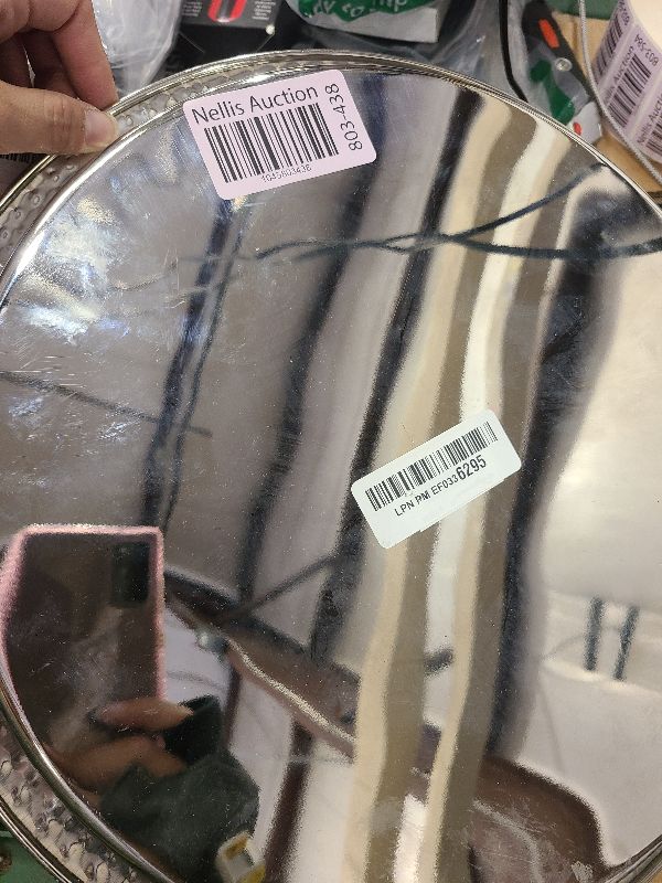 Photo 1 of "Elegance Stainless Steel Hammered Rim Bar Tray, 14"" Diameter, Silver" (72554)