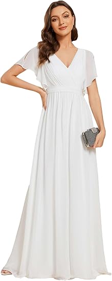 Photo 1 of  Ever-Pretty Women's Bridesmaid Dress V-Neck Ruffle Sleeves Ruched Bust Floor Length Chiffon Formal Dresses 0164A, SMALL. MSRP $78.99
