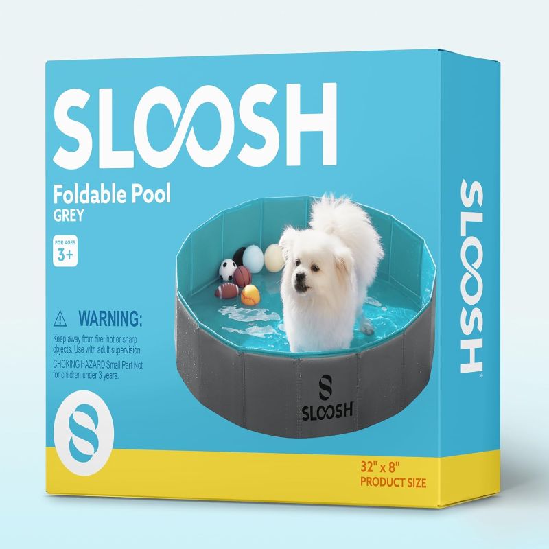 Photo 1 of  Sloosh Foldable Dog Kiddie Pool - Portable Hard Plastic Doggie Swimming Pool, Anti-Slip Collapsible Pets Bath Tub Suitable for Kids Indoor Outdoor Backyard Use (32" x 8", Grey) 