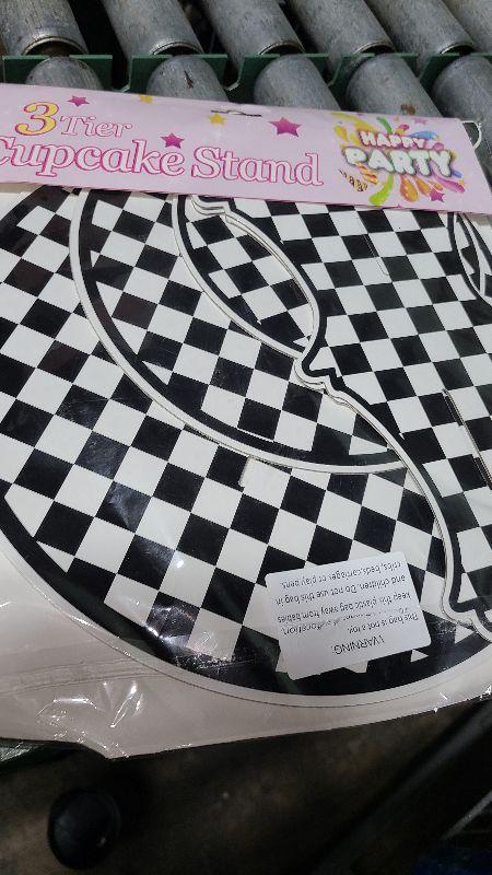 Photo 1 of 3-Tier Round Cardboard Cupcake Stand, Racing Car Theme Cardboard Cupcake Holder, Car Theme Dessert Display Stand Tower, Black and White Checkered Car Party Decorations Supplies