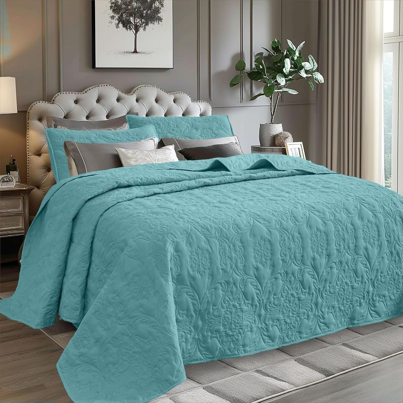 Photo 1 of  Sophia and William 2 Pieces Quilt Set Twin Size with 1 Quilt and 1 Pillow Sham, Reversible Microfiber Bedding Bedspread Coverlet Set, Cozy, Lightweight and Hypoallergenic, Teal 